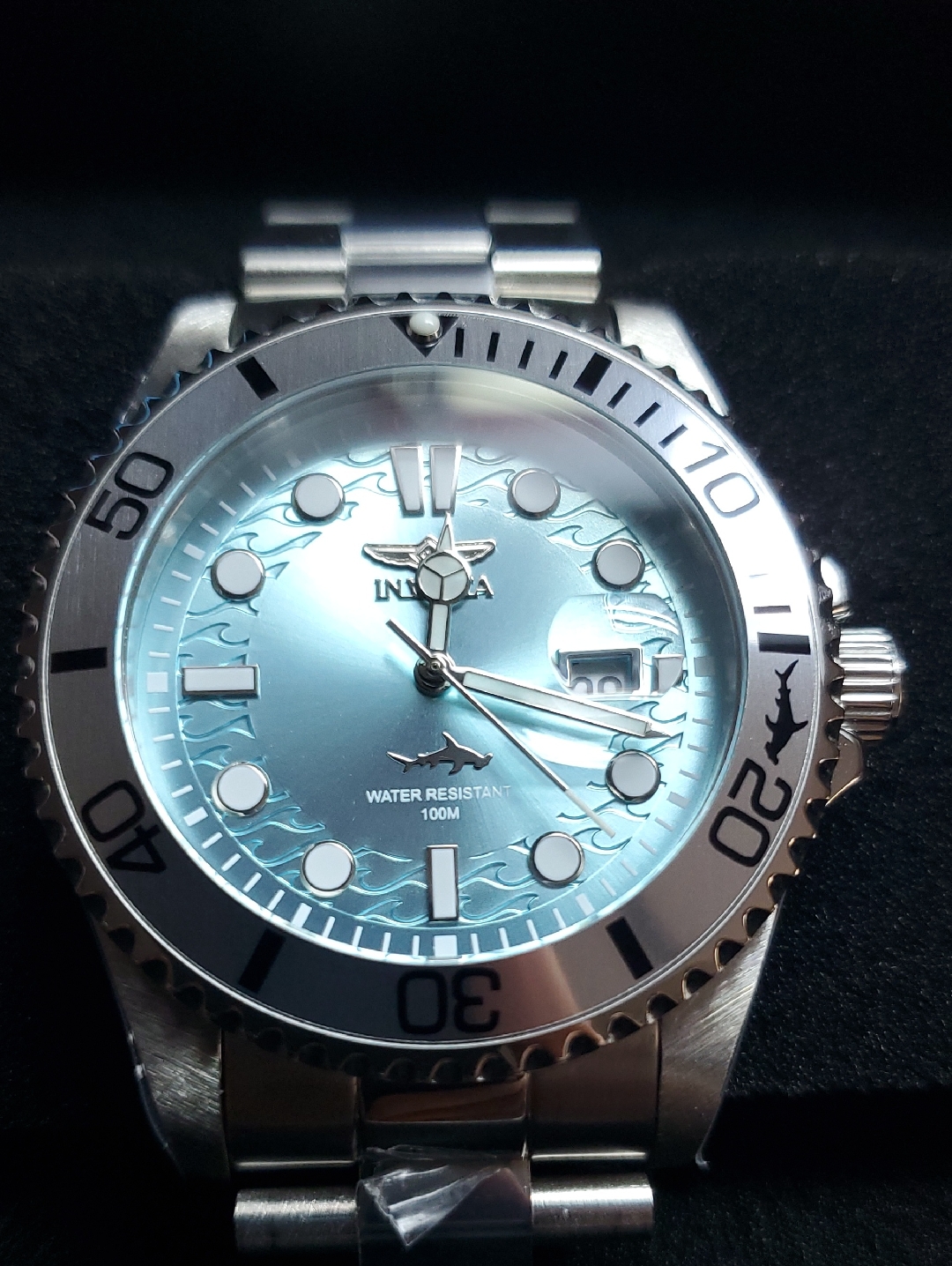 Invicta Silver Watch With Aqua Blue Dial And Wave Motif